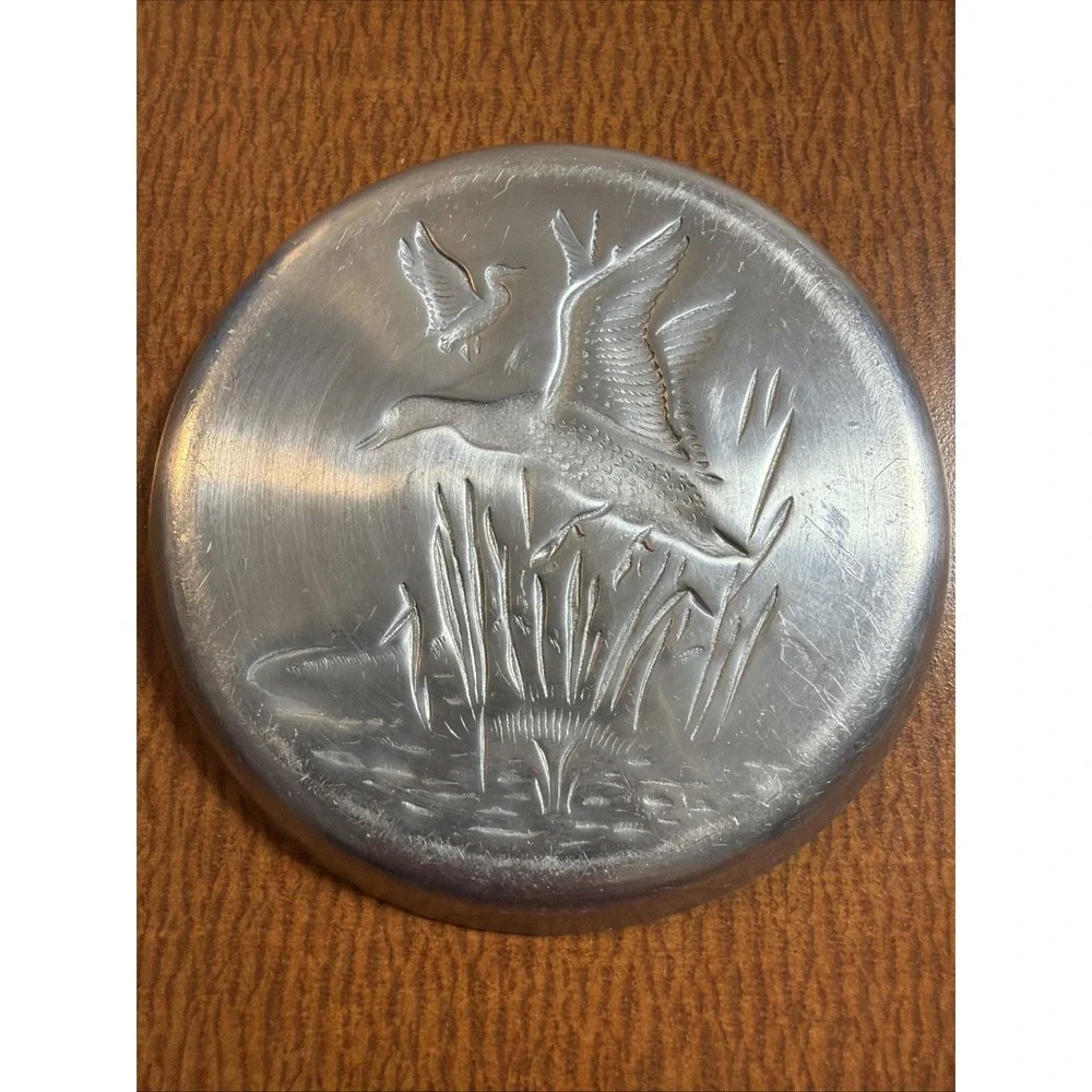Vintage Aluminum Coaster Duck & Cattails Reeds Embossed Design